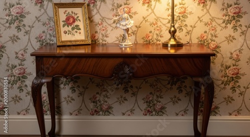 Antique Wooden Hall Table With Carved Legs Displaying Vintage Decor and Floral Wallpaper