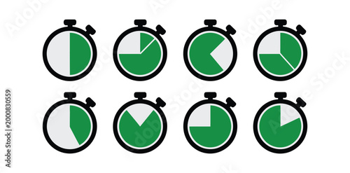 Pie chart icon vector illustration set with green data segments inside black circles for analytics, reporting, and visual statistics design