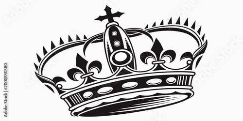Detailed royal crown graphic with cross symbol fleur de lis monarchy sovereign ornament heraldic authority illustration monochrome isolated prestige detailed decorative majestic