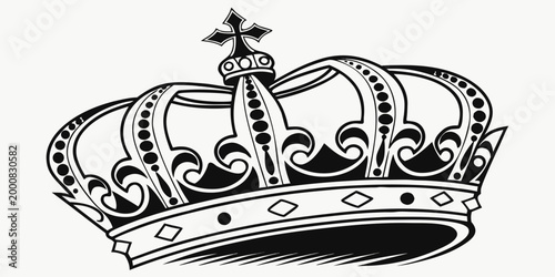 Ornate royal crown with cross motif illustration monarchy sovereign ornament heraldic authority illustration monochrome isolated prestige detailed decorative majestic diamonds silhouette
