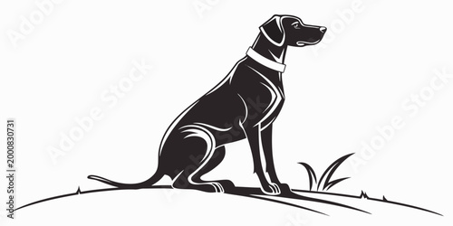 Detailed graphic silhouette of a sitting hunting dog wearing a collar with silhouette illustration purebred companion stylized watchful friendly domesticated wellbehaved obedient background