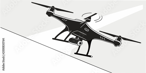 Minimalist graphic silhouette of a camera drone flying in the air with technology silhouette illustration quadcopter photography videography innovation electronics mechanical minimalist