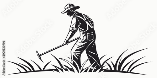 Silhouette of a male farmer working in a field with a hoe agriculture worker hard work manual labor farming equipment black and white farmer tool rural life growing food agriculture overalls