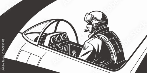 Jet fighter pilot inside cockpit graphic illustration with military aviation transport instrument illustration silhouette isolated aerospace monochrome