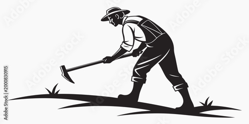 Farmer plowing soil with a hand hoe graphic silhouette agriculture cultivation gardening illustration monochrome silhouette isolated cultivate