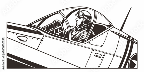 Pilot inside the cockpit of a classic military airplane detailed black and white line art illustration airplane aviation aircraft warplane military historical aviationart planeinterior