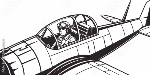 Retro illustration featuring a pilot in a warplane cockpit military aviation theme in line art style airplane aviation aircraft warplane military historical aviationart planeinterior