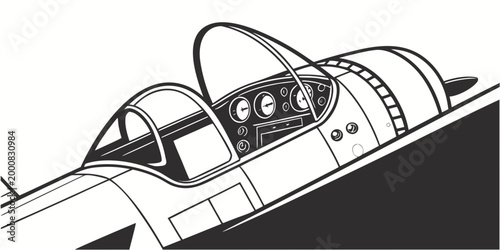 Vintage fighter plane cockpit illustration with aviation aircraft aerospace instrument military warplane illustration monochrome transport technology engineering navigation dashboard