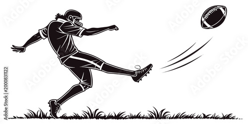 Football player in helmet kicking ball graphic with football silhouette competition training exercise professional movement strength physical championship tournament illustration