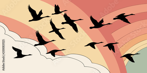 Flock of geese in flight against retro stylized colorful rainbow sky background with migration silhouette wildlife colorful aesthetic illustration abstract outdoors serenity stylized