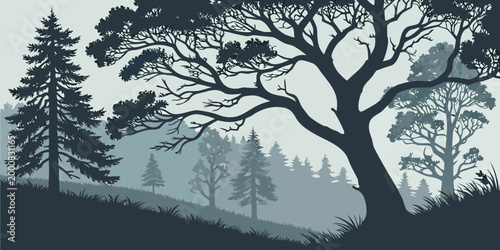 Detailed woodland landscape silhouette featuring mixed forest and coniferous trees silhouette landscape coniferous deciduous background illustration environment peaceful wilderness panoramic