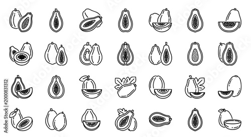 Collection of stylized papaya icons whole and sliced in various positions and arrangements in outline style