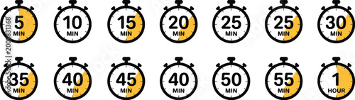 Set of timer and stopwatch icons kitchen timer icon showing various minutes cooking time symbols and labels for kitchen and recipe use vector design