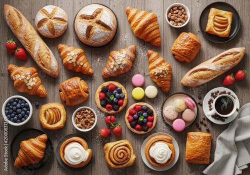 Assorted pastries and desserts on a rustic wooden table