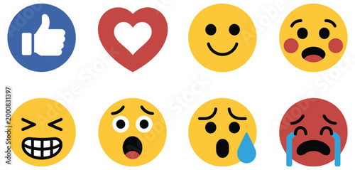 Social media reaction icons including thumbs up heart and various expressive emoji faces for digital communication vector illustration, flat style engagement reactions set for social networks, user 