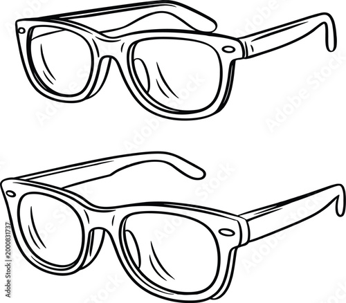 Professional vector line art illustration of two pairs of modern eyeglasses isolated on white background.