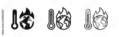 Global Warming and Climate Change Icon Set Featuring Earth on Fire and Thermometer