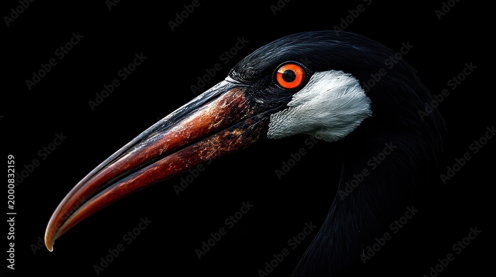 Fototapeta premium Close-up profile of a crane bird against black background. Potential use nature photography
