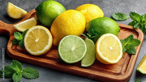 Overhead shot of lemons limes and fresh mint leaves on white surface with wooden board corner, soft even lighting highlighting fresh textures for healthy detox summer refreshment beverage visuals