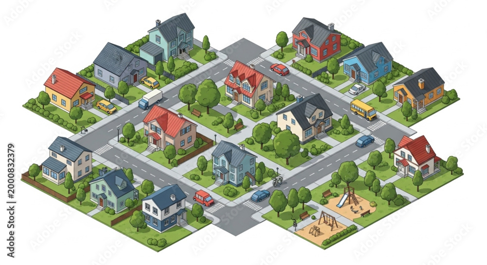 Fototapeta premium Suburban Neighborhood Houses Streets Cars Trees Playground Isometric View.