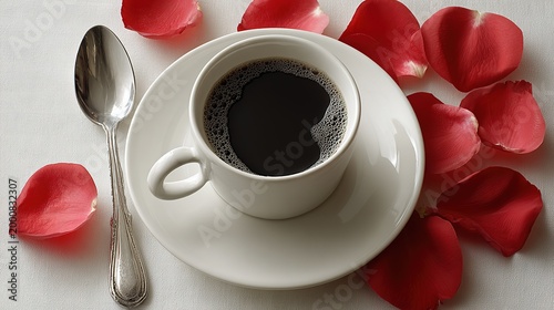 Overhead flat lay of black coffee with scattered red rose petals on white, silver spoon and white cup saucer, minimalist composition symbolizing love passion and serenity in romantic visual expression