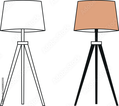 Tripod Floor Lamp Outline and Filled Illustration Set