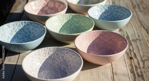 Collection of Hand-Painted Floral Ceramic Bowls Showcasing Delicate Patterns and Soft Pastel Colors