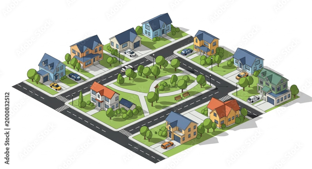 Fototapeta premium Suburban Neighborhood Isometric View Houses Street Park Trees.
