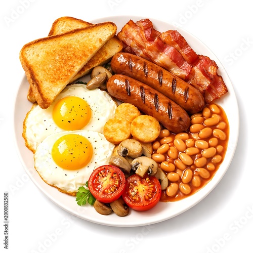 Full English Breakfast Plate with Eggs Sausage Beans and Toast On White Background 
