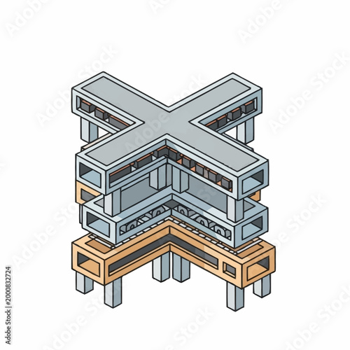 Abstract architectural structure with intersecting beams and columns, isometric view.