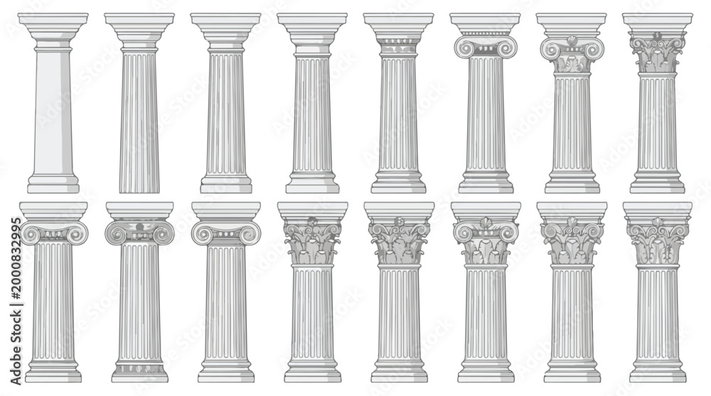 Fototapeta premium Collection of classical architectural columns in Doric Ionic Corinthian Tuscan and Composite styles