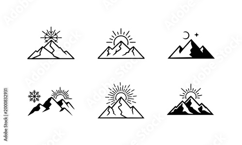 Mountain peaks under various sun and starry night sky conditions with snow
