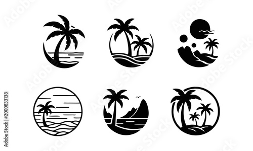 Tropical palm trees stand on beach with waves and sunset in illustrations