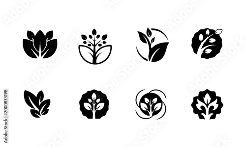 Collection of various plant and flower logos on white background