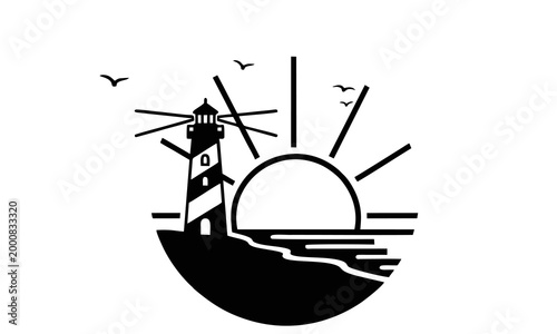 A serene lighthouse stands on a rocky coastline at sunrise.