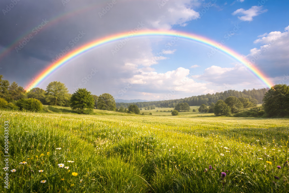 Fototapeta premium Vibrant rainbow arching over a lush green meadow landscape