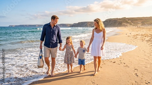 Smiling family with two children walking barefoot along the shoreline at sunset, enjoying a summer vacation by the sea. Warm light, waves, and carefree leisure create a strong travel lifestyle concept