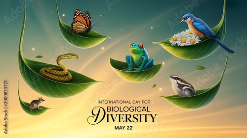 Diverse animals on leaves celebrating biodiversity