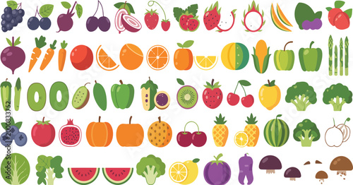 Foto Large mega set of juicy cartoon fruits and vegetables healthy food concept brigh