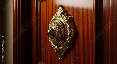 Intricately etched antique gold doorbell mounted on a rich wood door, showcasing classic luxury and detailed craftsmanship.