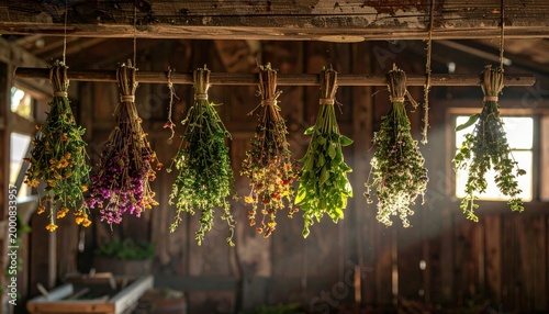 Sun dried herbal bundles hanging to dry on a wooden beam in a rustic barn interior, showcasing the traditional preservation process of aromatic plants used for culinary seasoning and health.
