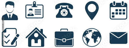 User data and profile icon collection, personal information management symbols including contact, ID card, location, calendar, and message icons, simple modern flat vector design for UI interfaces.