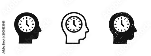 Human Head with Clock Icon - Time Management and Punctuality Concept in Three Styles
