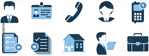 Personal information icon set, user profile and data management symbols, contact info, ID card, location pin, calendar, and messaging icons, clean flat vector style for digital identity design.