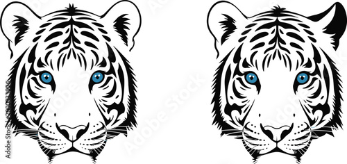 Professional vector illustration featuring two white tiger heads with striking blue eyes, including one standard portrait and one version with a distinctive notched ear.