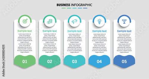 Business infographic template with 5 options or steps. Can be used for workflow layout, diagram, annual report, web design	