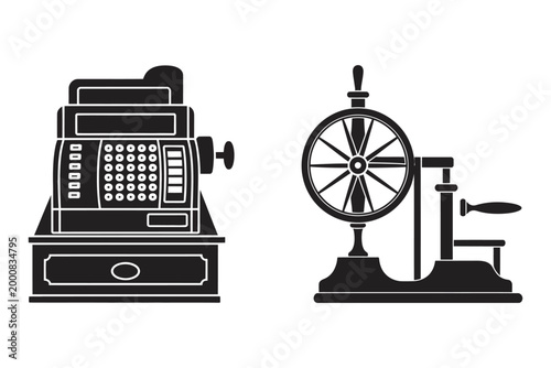 Antique cash register and phonograph vector illustration, old vintage machines silhouettes, historic commerce and sound recording devices
