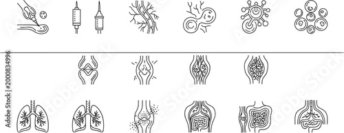 Cancer disease medical outline icons set including tumor cells lungs organs diagnosis and oncology treatment healthcare symbols