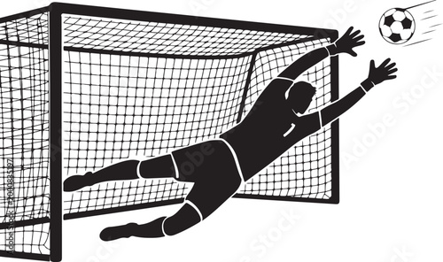 Goalkeeper diving to save soccer ball in net