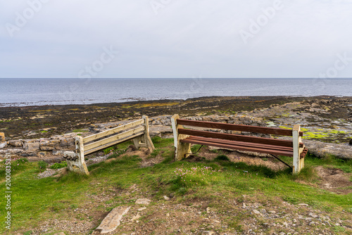 Benches overlooking the Irish Sea in Scarlett, Isle of Man